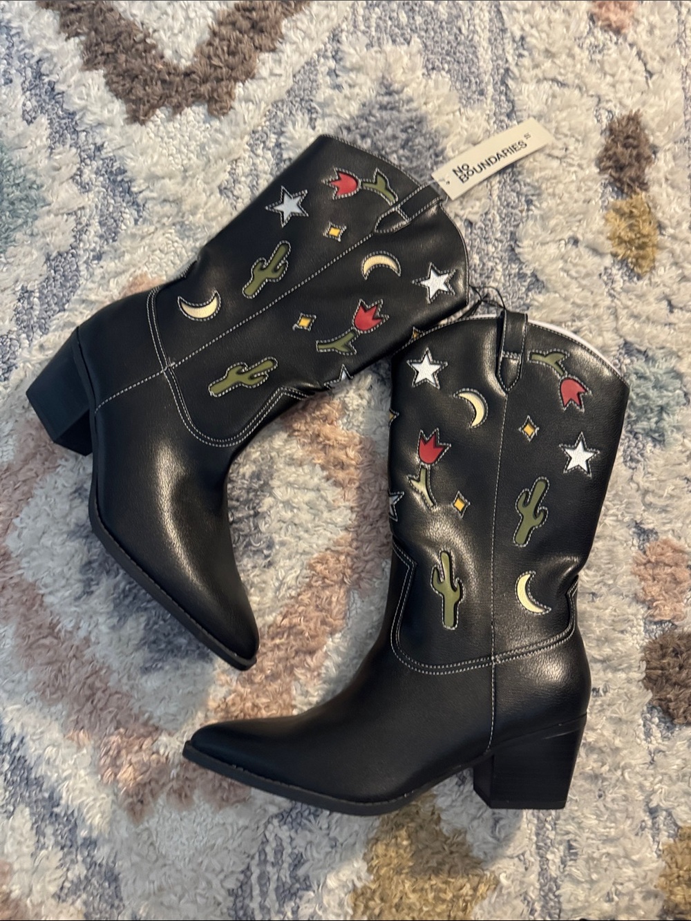 No Boundaries Black Western Boots with Colorful Motifs